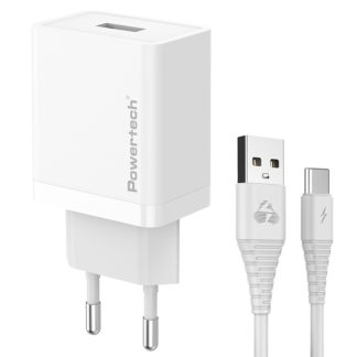 POWERTECH φορτιστής τοίχου PT-1322 με καλώδιο USB-C, USB, 12W, λευκός