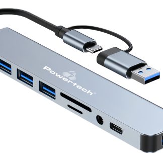 POWERTECH USB hub PTR-0151 με card reader, 8 θυρών, USB & USB-C, γκρι